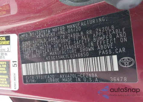 2020 Toyota Camry Le z USA, uszkodzony, nr VIN 4T1C11AK1LU346650